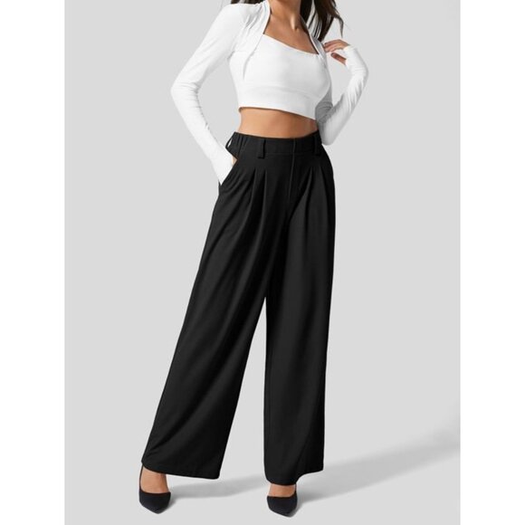 Halara High Waisted Wide Leg Waffle Casual Pants Sz Medium Petite Womens Black P - Picture 6 of 10